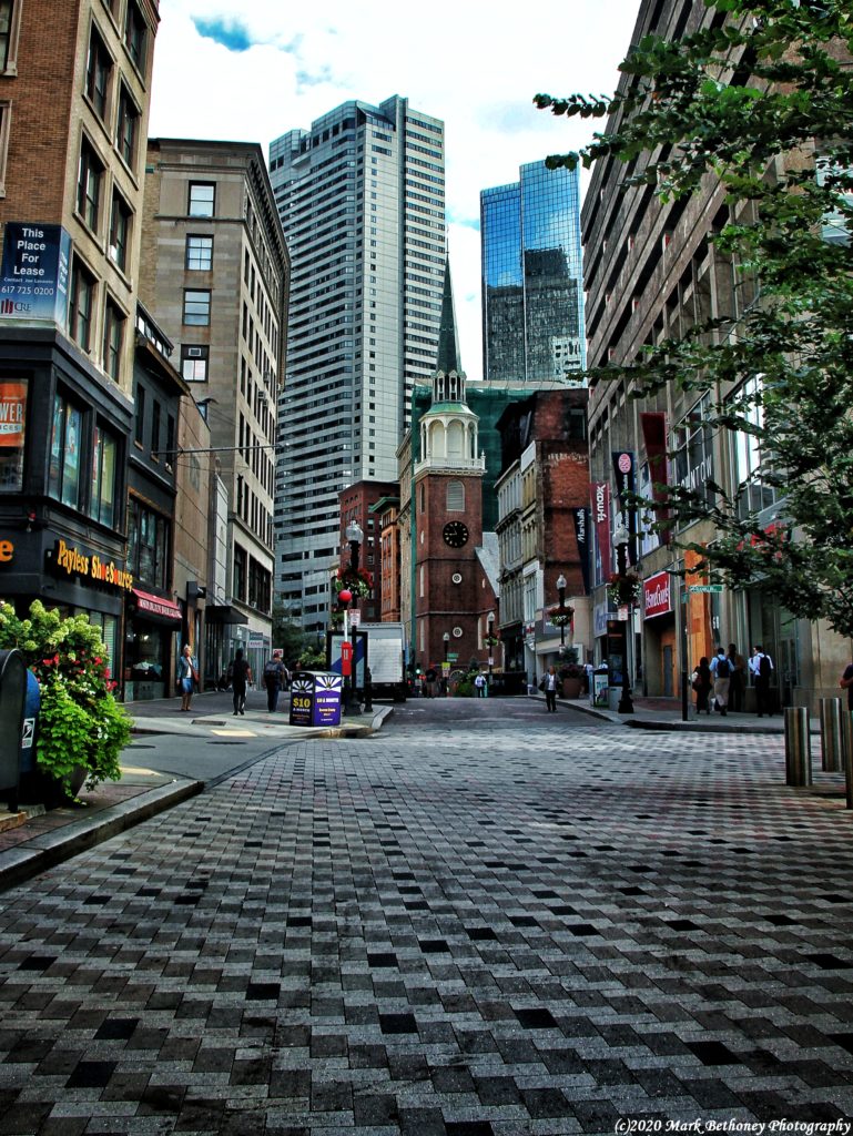 A checkerboard design on a street in Downtown Boston.